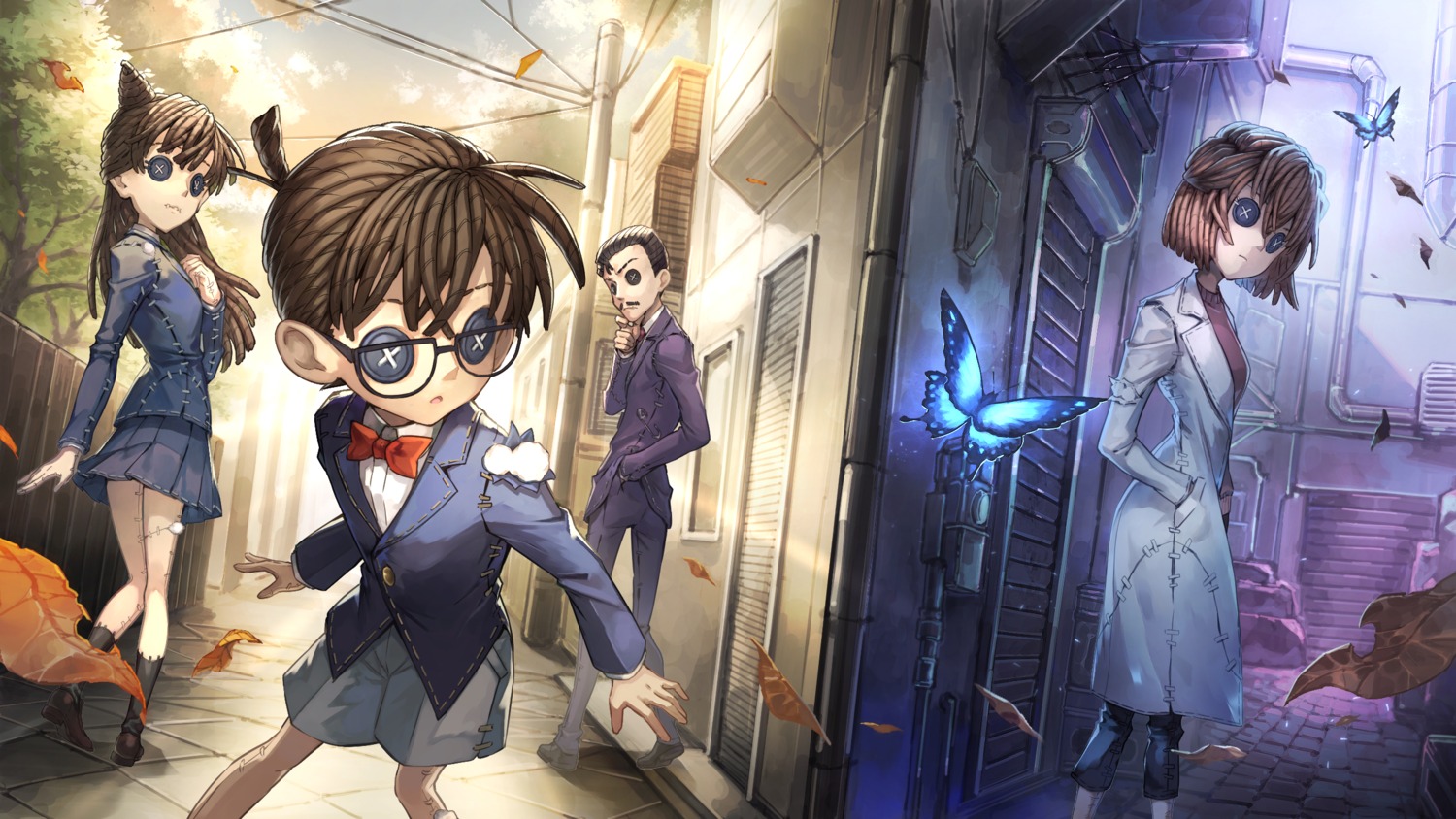 detective conan identity v edogawa conan haibara ai mouri kogorou mouri ran business suit megane